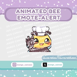 Op de afbeelding: Een geanimeerde bij-emote-alert-afbeelding met de tekst "ANIMATED BEE EMOTE-ALERT" in een paarse banner. De bij is geel en bruin en draagt een koksmuts. Social media handles staan onderaan.