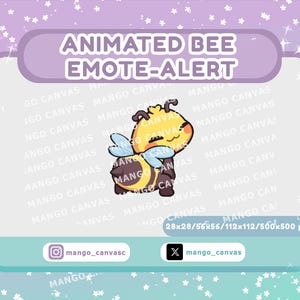 Peut inclure: Graphique d'alerte d'émoticône d'abeille animée avec une abeille jaune souriante aux ailes bleues. Le graphique est sur un fond violet clair et sarcelle avec des étoiles blanches. Le texte dit "ANIMATED BEE EMOTE-ALERT".