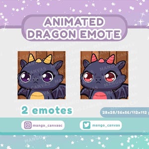 以下が含まれることがあります： 異なる表情のアニメーションされたドラゴン絵文字が2つ。左側のドラゴンは黄色のリボンと紫色の目をしており、右側のドラゴンは赤いリボンと赤い目をしています。両方のドラゴンは濃い紫色の体で、木製の背景に配置されています。