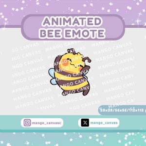 Könnte beinhalten: Ein animiertes Bienen-Emote mit einer gelb-schwarz gestreiften Biene mit rosa Wangen und kleinen blauen Flügeln. Die Grafik enthält den Text ANIMATED BEE EMOTE, die Maße 28x28/56x56/112x112 px und die Social-Media-Namen mango_canvas.