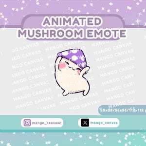 May include: Animated mushroom emote graphic. The image features a cute, cartoon mushroom character with a purple and white polka-dotted hat. The text "ANIMATED MUSHROOM EMOTE" is at the top. The image is 28x28, 56x56, and 112x112 pixels.