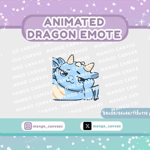 Könnte beinhalten: Animierter Drachen-Emote in Hellblau mit gelben Hörnern und freundlichem Gesichtsausdruck. Der Text "ANIMATED DRAGON EMOTE" und Social-Media-Handles sind enthalten. Bildgrößen: 28x28, 56x56 und 112x112 Pixel.