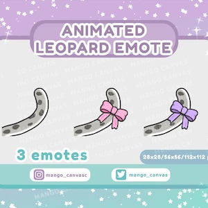 May include: Three animated leopard tail emotes with different colored bows. The emotes are in various sizes: 28x28, 56x56, and 112x112 pixels. The emotes are designed for use on social media platforms.