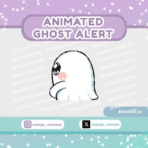 May include: An animated ghost alert graphic with a white ghost character with black eyes and a pink blush. The text "ANIMATED GHOST ALERT" is displayed in a purple banner. The graphic is 500x500 px.