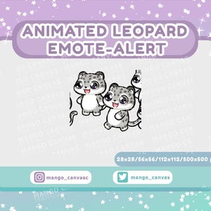 May include: Animated emote alert featuring a cartoon snow leopard with a white and gray fur pattern. The snow leopard is wearing a pink collar and has a pink nose. The emote is available in various sizes, including 28x28, 56x56, 112x112, and 500x500 pixels.