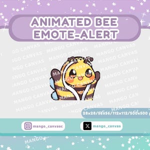 Könnte beinhalten: Animierte Bienen-Emote-Alert-Grafik mit einem Cartoon-Bienencharakter. Die Biene ist gelb und braun mit blauen Flügeln, einem lächelnden Gesicht und winkenden Armen. Die Grafik enthält den Text "ANIMATED BEE EMOTE-ALERT" und Social-Media-Handles.