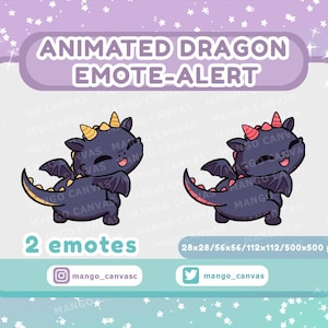 May include: Animated dragon emote-alert graphic with two dragon illustrations. The dragons are purple with yellow and red accents. The text includes "2 emotes" and social media handles.