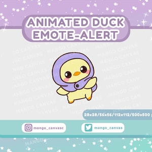 以下が含まれることがあります： アニメーション化されたアヒルの絵文字アラートグラフィック。アヒルは黄色で、紫色のフードとスカーフが付いています。グラフィックには「ANIMATED DUCK EMOTE-ALERT」というテキストとソーシャルメディアハンドルが含まれています。背景は紫とティールのグラデーションです。
