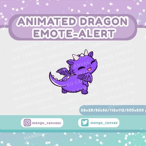Peut inclure: Une émoticône de dragon animé violet avec des cornes et des ailes blanches, souriant avec sa langue sortie. Le texte "ANIMATED DRAGON EMOTE-ALERT" est en haut. Les réseaux sociaux sont en bas.