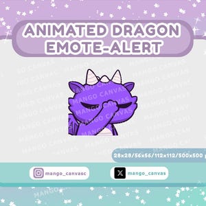 Könnte beinhalten: Ein lila animierter Drachen-Emote-Alert-Grafik mit dem Text "ANIMATED DRAGON EMOTE-ALERT". Der Drache bedeckt sein Gesicht mit seiner Hand. Die Grafik enthält Social-Media-Handles und Pixelabmessungen.