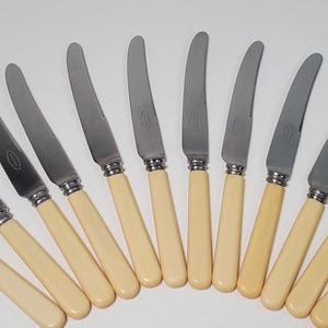 Op de afbeelding: Een verzameling van twaalf vintage botermessen, gerangschikt in een halve cirkel. Elk mes heeft een roestvrijstalen lemmet en een crèmekleurig handvat. De messen worden gepresenteerd tegen een effen witte achtergrond.