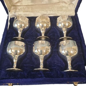 6 Miniature Silver-Plated Cups – suited for serving liqueurs, cordials, or spirits