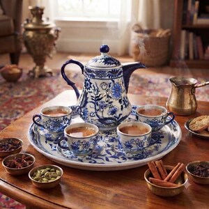 Blue & White Floral Tea Set with Tray Bombay Co Teapot, 4 Small Cups | Classic Chinoiserie Loose Leaf Tea Set