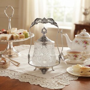 May include: A clear glass jam jar with a faceted geometric pattern, featuring a silver-toned metal lid and a decorative arched handle stand with three feet. A small silver-toned spoon is attached to the side of the metal frame, which holds the jar.