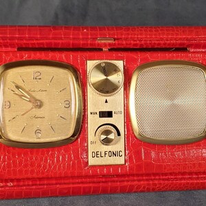 Vintage Delfonic Travel Clock and AM Radio in Original Case – Working – Nostalgic Gift Idea