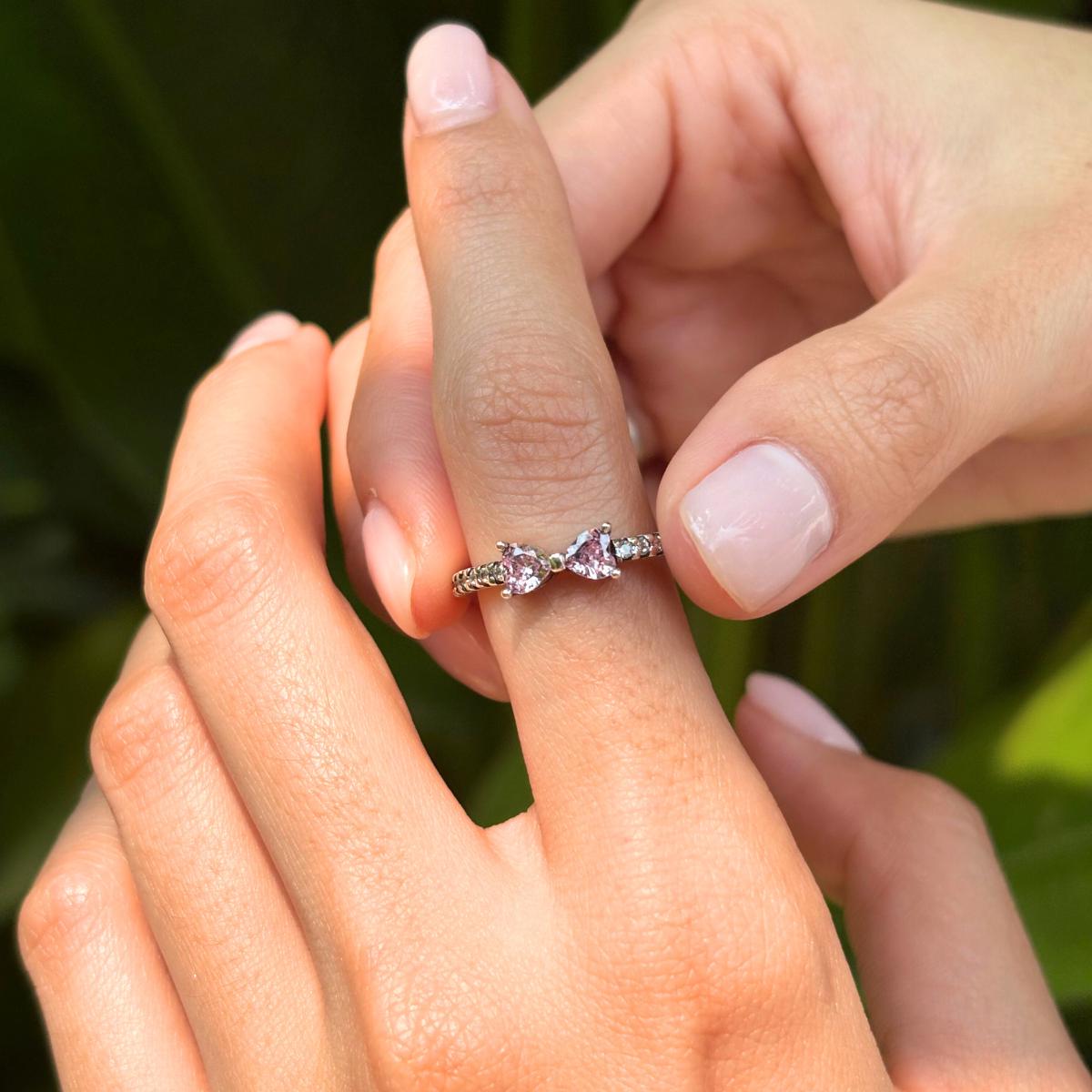 S925 Sterling Silver Pink Bow Ring: Zircon Heart Dainty Jewelry - Main Image