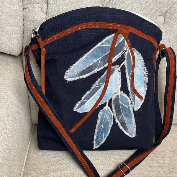 Vegan Tote, Handmade Purse, Canvas Tote,  Handmade Messenger, Large Shoulder Bag, Eco-Friendly Bag, Feather Designed Bag, Feather Appliques