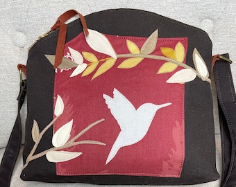 Gift for Her, Appliqued Bag, Eco-Friendly  Purse, Bird Messenger, Bird School Bag, Handmade, Bird Vegan Purse, 10 X 9"X 2 1/2""