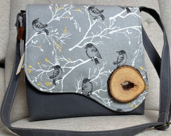 Little Bird Shoulder Bag, Large Handmade Wood Button, Adjustable Strap, Large Nature Bag, Messenger Nature Bag, Back Snap Open Pocket