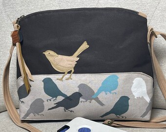 HANDMADE BIRD TOTE,  Vegan Tote, Eco-Friendly Purse, Handbag, Appliqued Bag. Zipper Bag, Appliqued Birds Tote