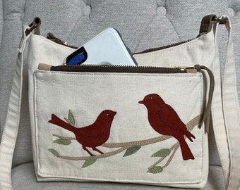 Great Little Cell Phone Shoulder Bag,Two Outer Pockets,Inside Zipper Pocket and Open Pocket, Nature Bag, Appliqued Ultra Suded Birds