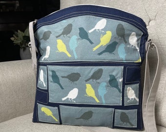 Birds Shoulder Bag, Canvas Bag, Handmade, Appliqued Bag, Zipper Opening, Large pockets, Back Cell Pocket