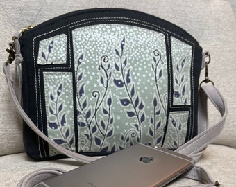 Stained Glass Nature Purse, Appliqued Nature Blocks, Nature Shoulder Purse, Gray and Black Cell Phone Bag, Zippered Closure Sling Bag