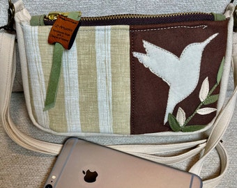 TINY RUSTIC ELEGANCE Purse, Phone Bag, Appliqued Bag, Appliqued Bird, Appliqued Vines and Leaves, Crossbody Phone Bag, Metal chain Strap