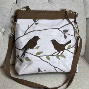 Bird Tote, Appliqued Birds Handbag, Nature Bag, Handmade Messenger, Vegan Purse, Ecofriendly Bag