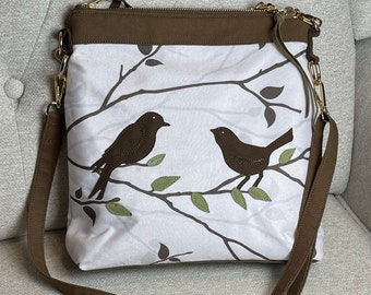 Bird Tote, Appliqued Birds Handbag, Nature Bag, Handmade Messenger, Vegan Purse, Ecofriendly Bag
