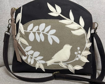 Appliqued Purse, Bird Bag, Nature Shoulder Bag, Dark Brown Nature Bag, Dark Brown Canvas With White Ultra Suded Applique Shoulder Bag,