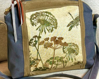 NATURE PURSE, DRAGONFLIES Messenger Bag, Shoulder Bag with Nature Appliques, Large Snap Closure Back Pocket, Top Zipper Closure