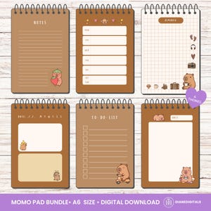 Puede incluir: Un conjunto de seis plantillas de bloc de notas digitales con espiral, fondos marrones e ilustraciones de capibaras. Las páginas incluyen secciones para notas, planificación semanal, recordatorios, fechas y listas de tareas con iconos variados como fresas y scooters.