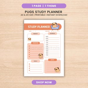 Puede incluir: Una página de planificador de estudio imprimible con ilustraciones de carlinos, titulada STUDY PLANNER. El diseño incluye secciones para materia, prioridades, horario de 08:00 a 17:00, objetivos y notas con tonos melocotón y azul.