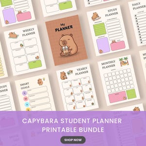 May include: A printable planner bundle featuring capybara illustrations on various pages including a weekly planner, study planner, yearly planner, monthly planner, and smart goals sheet. The pages contain text labels and colorful boxes for notes.