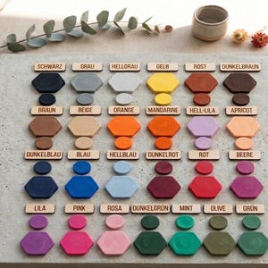 Op de afbeelding: Een kleurenpalet met zeshoekige en cirkelvormige objecten in verschillende kleuren. Elke kleur is gelabeld met een houten label. Kleuren zijn onder meer zwart, grijs, geel, oranje, rood en groen.