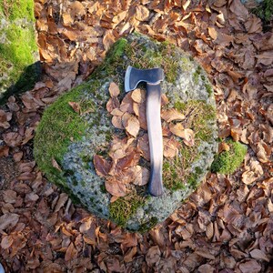 Può includere: Una piccola ascia con manico in legno e testa in metallo nero. L'ascia è appoggiata su una roccia ricoperta di muschio circondata da foglie cadute.