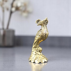 Two Brass Phoenix Statue – Mini Guardian of Rebirth, Layered Feather Bird Decor, Vintage Mythical Animal, Auspicious Desk Sculpture