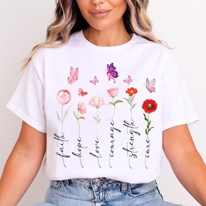 Camiseta de concienciación sobre el cáncer, fe, esperanza, amor, coraje, fuerza, cura, camiseta con lazo contra el cáncer, camiseta de luchadora contra el cáncer, camiseta de mujer fuerte, camisetas de guerrera