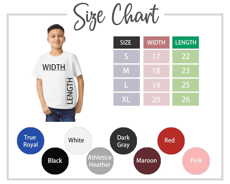 Puede incluir: Tabla de tallas para una camiseta con medidas en pulgadas. La tabla muestra el ancho y la longitud de la camiseta en las tallas S, M, L y XL. Los colores disponibles son True Royal, Blanco, Gris oscuro, Athletice Heather, Negro, Marr&oacute;n, Rojo y Rosa.