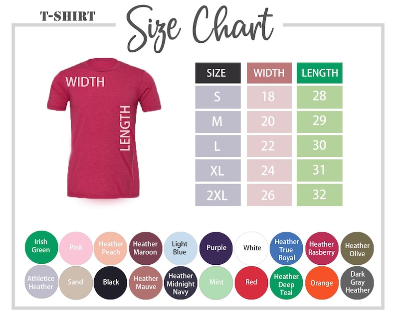 Puede incluir: Tabla de tallas de camiseta con medidas en pulgadas para el ancho y la longitud. La tabla muestra las tallas S, M, L, XL y 2XL. La tabla tambi&eacute;n incluye una tabla de colores con 18 colores diferentes.