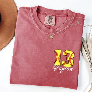 Comfort Colors® Custom Softball Pocket Shirt, Personalized Softball Number Shirt, Softball Gift, Softball Fan Tee, Sports Mom Tshirt