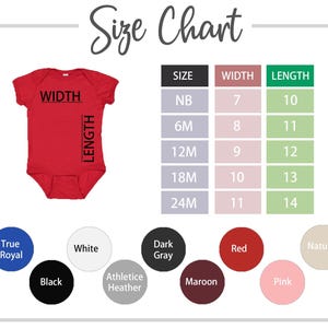 Puede incluir: Tabla de tallas para bodys de beb&eacute; con medidas en pulgadas. La tabla muestra el ancho y la longitud de los bodys en las tallas NB, 6M, 12M, 18M y 24M. La tabla se muestra sobre un fondo blanco con un body rojo en la esquina superior izquierda.