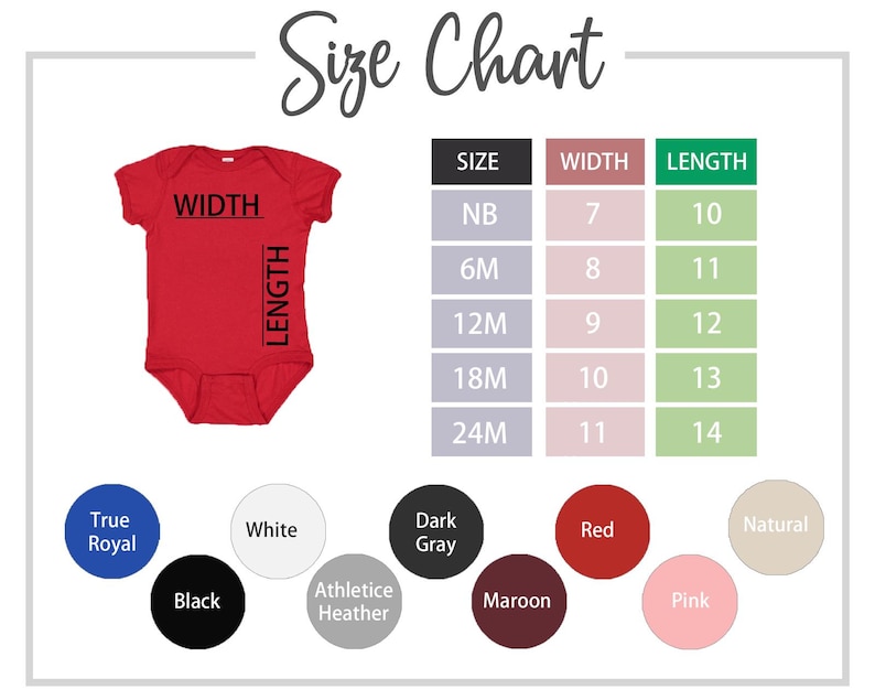 Puede incluir: Tabla de tallas para bodys de beb&eacute; con medidas en pulgadas. La tabla muestra el ancho y la longitud de los bodys en las tallas NB, 6M, 12M, 18M y 24M. La tabla se muestra sobre un fondo blanco con un body rojo en la esquina superior izquierda.