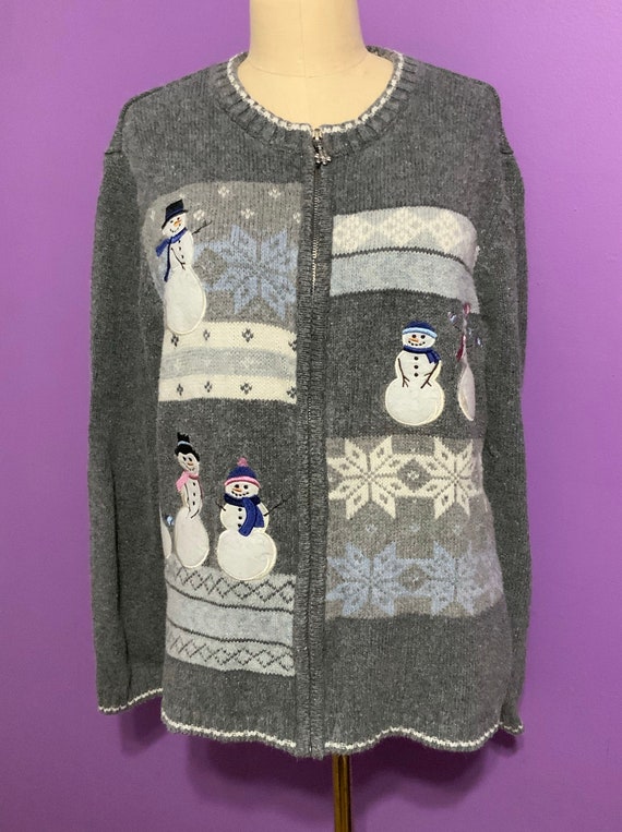 Gray Ugly Holiday Cardigan Sweater with snow famil