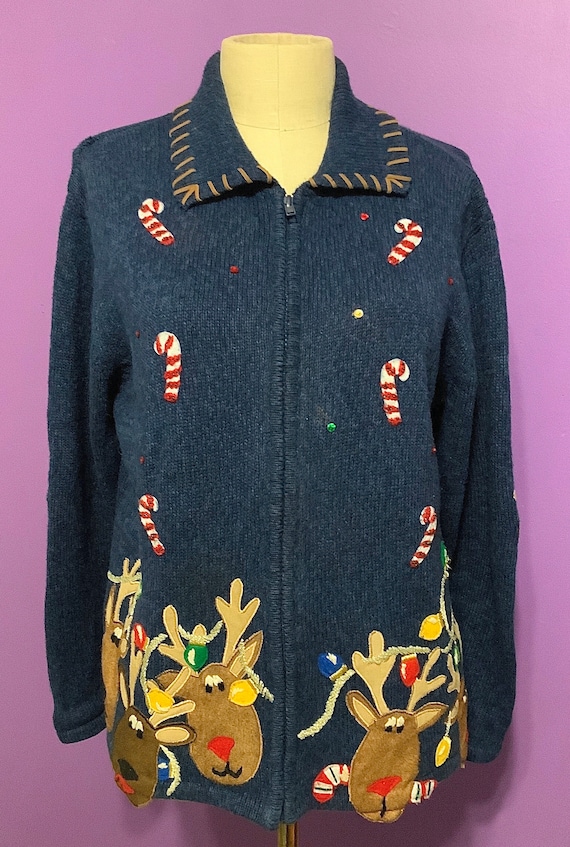 Denim blue Ugly Christmas Cardigan Sweater with Ca