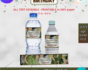 Soldier Birthday - Water Bottle Labels Template, EDIT Yourself in CANVA. Party Kit. Online template