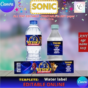 Party Labels - Sonic - Water Bottle Labels Template, EDIT Yourself in CANVA. Party Kit. Online template.