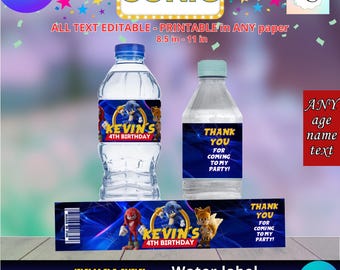 Party Labels - Sonic - Water Bottle Labels Template, EDIT Yourself in CANVA. Party Kit. Online template.