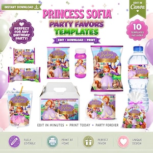 May include: A digital template set for Princess Sofia party favors featuring editable labels for chip bags, water bottles, candy bars, and treat boxes. The designs include a purple-clad princess, a castle, and the name Kaliya in gold text.